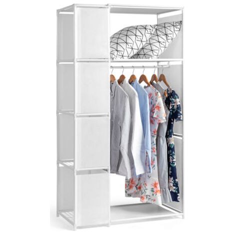 Armoire penderie suspendue 4 niveaux 88.5x44.5x162.5cm blanc, dressing tissu avec rideau et rangements
