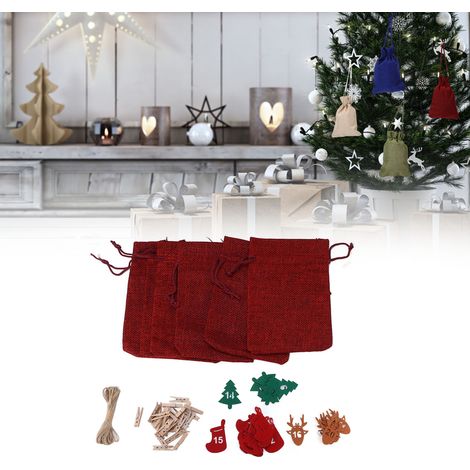 Weihnachtstüten mit 24 Glückszahlen, Adventskalender, Leinenbeutel mit Kordelzug, Weihnachtsgeschenktüten mit Kordelzug, bordeauxrot (1/5)