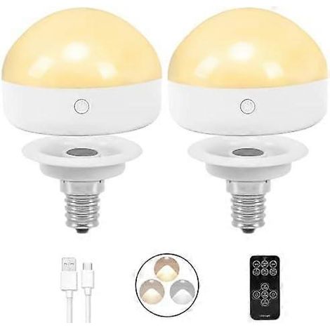 Wiederaufladbare E14-Glühbirne, 2er-Pack, 300 lm, entspricht 40 W, abnehmbares Ladegerät, 3 Farbtemperaturen, ferngesteuerte Notbeleuchtung, Dimmer, Timer, Ein/Aus (1/5)
