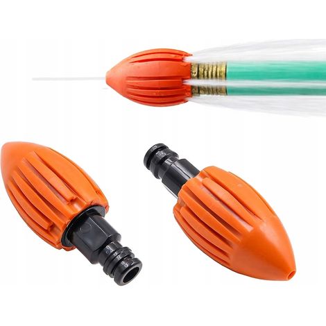 Boquilla de limpieza de desagües de alta presión tipo cohete para desatascar sin productos químicos, fabricada en plástico naranja resistente y equipada con un sistema hidrodinámico automático. (1/5)