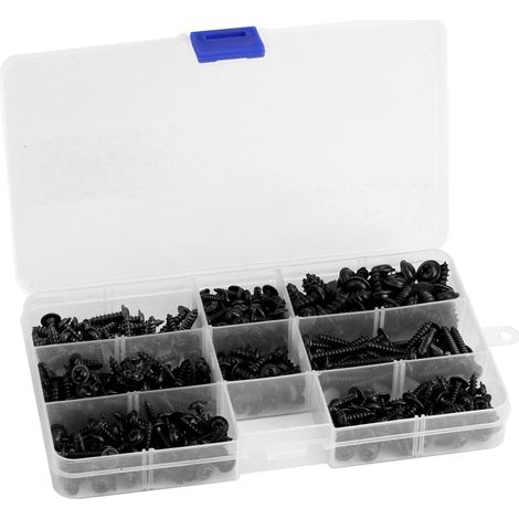 340 vis autotaraudeuses à bride, tête cruciforme, noires, assortiment avec coffret