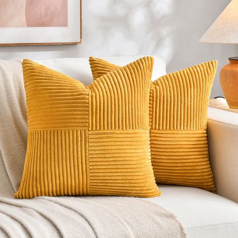 Lot de 2 housses de coussin bohemes, 50x50cm, jaune vif, motif croise, velours cotele decoratif pour canape, chambre, chaise, lit (1/5)