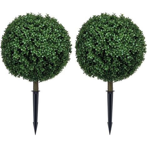 Lot de 2 topiaires boules de buis artificiels avec piquet, résistants aux UV, décoration maison, salon et bureau