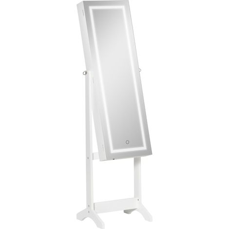 Armoire à Bijoux LED sur Pied avec Miroir, Éclairage Tactile Multi-Rangement Déco Chambre Blanc