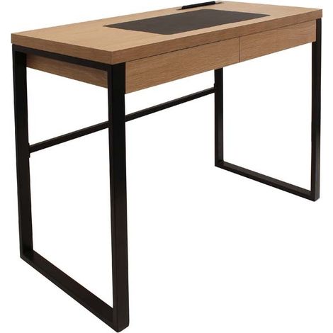 The Home Deco Factory – Bureau droit en bois et métal – Marron et noir – Tiroir intégré et sous-main – Espace pour matériel électronique