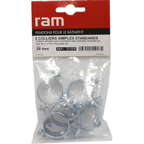 Sachet de 5 colliers simple métallique pour tube Ø28 - RAM (1/4)