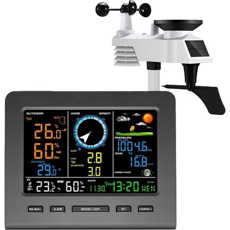 Station météo numérique, station météo sans fil, prévisions météo, température, pression, humidité, vent, pluviomètre, alarme, affichage de données multiples (station météo Wi-Fi) (1/5)