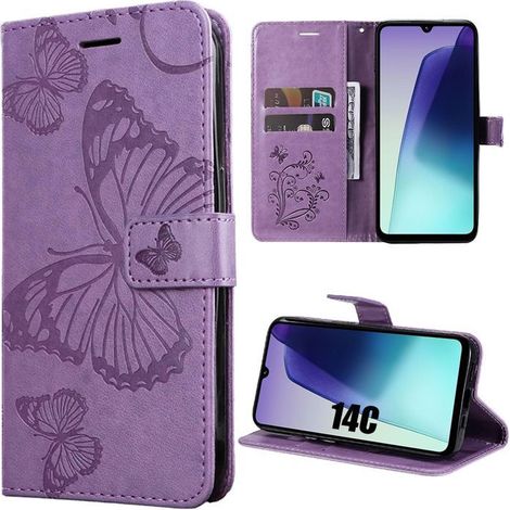 Coque de protection - Xiaomi - Redmi 14C - Antichoc - Effet cuir violet - Motif papillon (1/4)