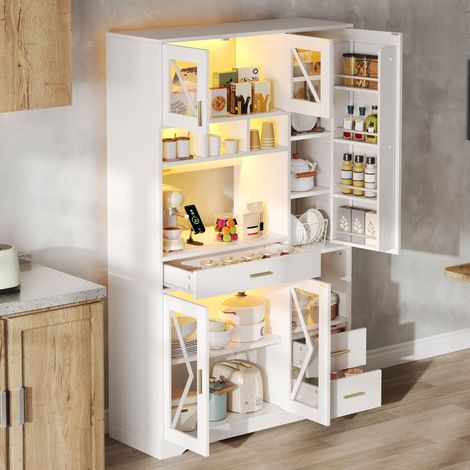 Buffet de Cuisine Haut avec Étagères avec 2 Portes, 1 Tiroir, LED et Prises, en MDF, Blanc, 105×40×185 cm (1/5)