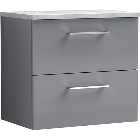 Balterley Bramshall 600mm Wall Hung 2 Drawer Vanity Unit with Laminate Worktop for Stylish Compact Bathroom Storage - Satin Grey