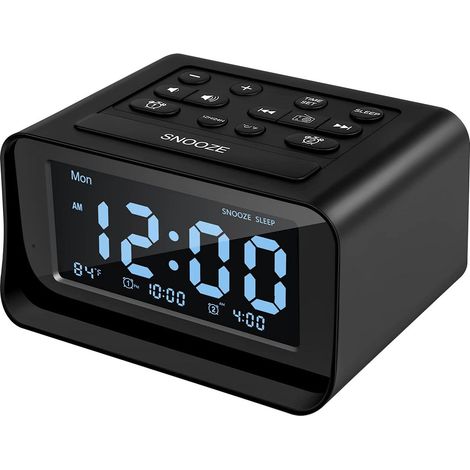 Réveil numérique double alarme avec chargeur USB 2 ports, luminosité réglable 0-100%, volume ajustable, thermomètre intérieur, noir (1/5)
