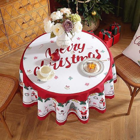 Nappe ronde rouge imperméable en polyester, idéale pour les fêtes de Noël. Décoration de table festive avec inscription rouge au centre. 150 yuans. (1/4)