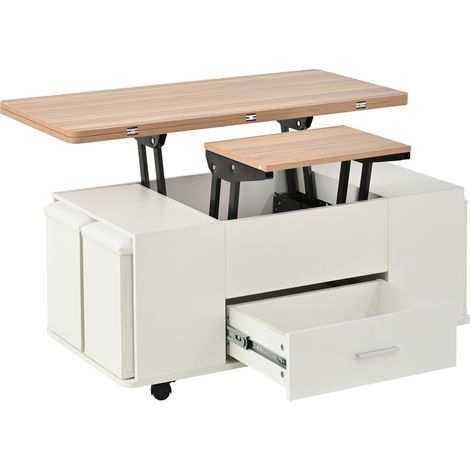 Tavolino elevabile multifunzione 100 x 50 x 45 cm, bianco effetto legno, 4 sgabelli, cassetto (1/5)