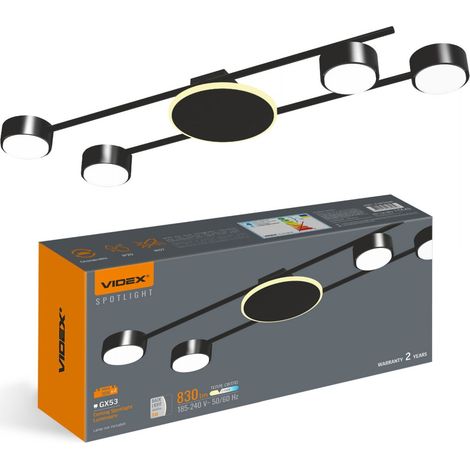 Lámpara de techo moderna negra de 70 cm, 4 bombillas GX53 de 30 W con retroiluminación LED de 9 W, luz cálida Videx.