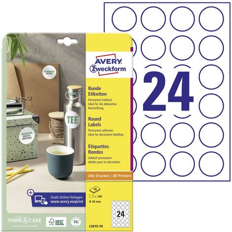 Avery-Zweckform L3415-10 Etichetta universale Ø 40 mm Carta Bianco 240 pz. A tenuta permanente Stampante laser, Stampan (1/5)