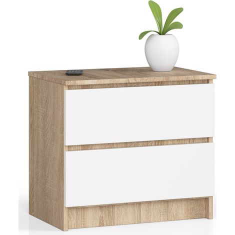 Table de chevet 2 tiroirs – Chêne sonoma – Façade blanche – Dimensions 60x40x55 cm – Panneau stratifié – Limiteur d'extension – Abamihome (1/5)