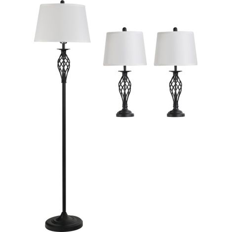 3er Set Lampen – 2 Tischlampen und 1 Stehlampe, Retro-Design in Schwarz-Weiß aus Metall mit Baumwollschirm, Ø 38 cm für Tische, 62 cm für Wohnzimmer (1/5)