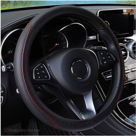 JSSEVN - Black and Red - Car Steering Wheel Cover, Steering Wheel Protector, Diameter 38cm (15") Leather (1/4)