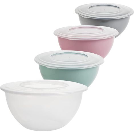 Saladier avec couvercle, 5 L, Lot de 4, Bol à mélanger, Plastique (PP), Sans BPA, Couleur : Gris clair, Rose pastel, Vert et Transparent, Couvercle transparent, Diamètre 28 cm (1/4)