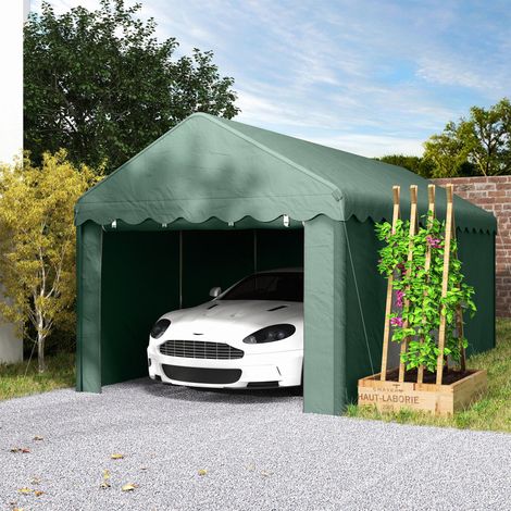 Cochera portátil de 3x6 m, cobertizo para vehículos con 2 entradas, techo de poliéster, para coches, barcos, equipos de jardinería, verde oscuro.