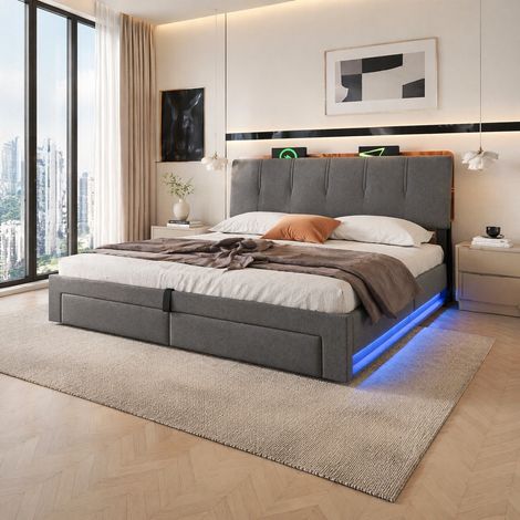 Cama tapizada 180x200 cm con almacenaje hidráulico, cabecero con USB y Tipo C, LED multicolor, tapizada en tela gris, sin colchón, para dormitorio - CHICFURN (1/5)