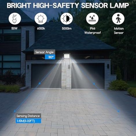 Projecteur LED extérieur, 50 W, éclairage de sécurité extérieur avec détecteur de mouvement, 4 500 lumens, 6 500 K, lampe de sécurité PIR, IP66, étanche, éclairage de jour avec câble de 2 m (1/3)
