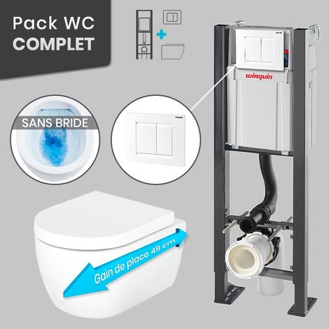 Pack WC Bâti universel Wirquin Pro + Cuvette MEZZO sans bride 49 cm + Plaque blanche (1/5)