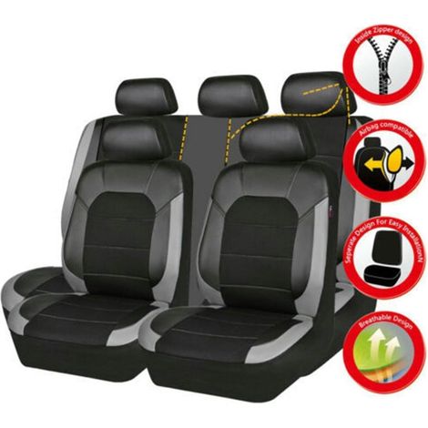 Ensemble complet de housses de siège de voiture et d'appui-tête avec ourlets élastiques de taille universelle, compatible airbag latéral, lavable et facile à installer, Couvre-siège pour voiture Gray (1/5)