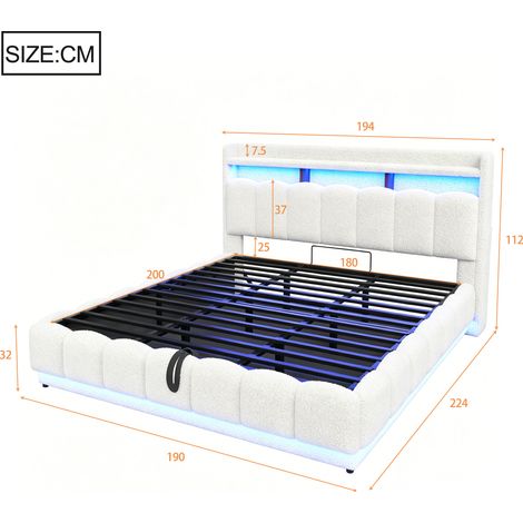Lit 180x200 avec coffre hydraulique, peau de mouton, bandeau LED et port USB, sommier métallique, grand espace de rangement, lit simple/double, blanc (1/5)