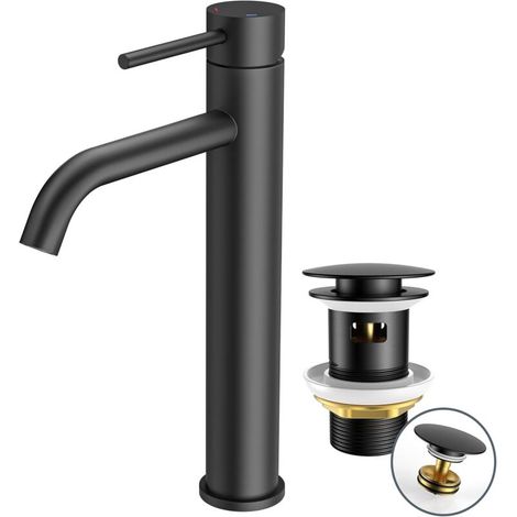 Robinet de Lavabo pour Salle de Bain avec Bonde de Vidage, Mitigeur Haut en Noir avec Hauteur de Bec de 190 mm, Mitigeur à Levier Unique pour Lavabo dans la Salle de Bain (1/4)