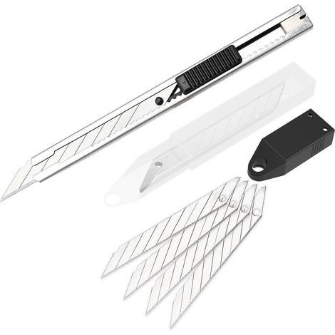 Cutter 9mm mit 10 Ersatzklingen, Edelstahl Abbrechklingenmesser, Autolock