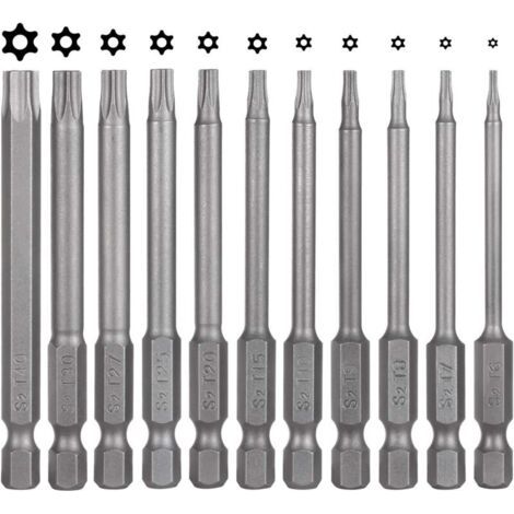 Lot de 11 embouts de tournevis Torx - 75 mm - En acier S2 - Magnétique - 6 pans - T6 T7 T8 T9 T10 T15 T20 T25 T27 T30 T40 - Embouts Torx électriques pour vis profilées en T