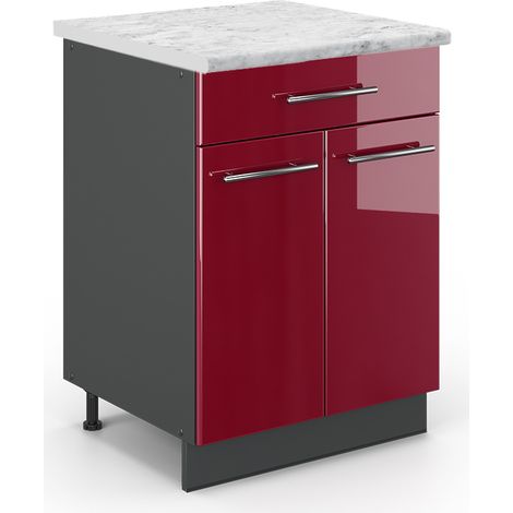 Mueble bajo de cocina Fame-Line, Rojo Burdeos alto brillo, 60 cm con cajón, ET Mármol, Vicco