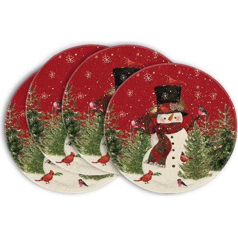 Lot de 4 sets de table Rouge, Hiver Xmas, lavables Set de table Bonhomme de neige Oiseaux Noël ronds, 38cm (1/5)