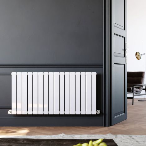 ELEGANT 600 x 1216 mm White Horizontal Column Rads Single Flat Panel Radiator Heater + Chrome Thermostatic Radiator Valves Compatible With All Heating Systems (1/5)