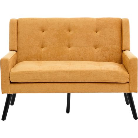Banquette 2 places en lin premium avec pieds en bois massif antidérapants et coussins en mousse haute densité – fauteuil d’appoint capitonné pour salon, chambre et bureau orange (1/5)