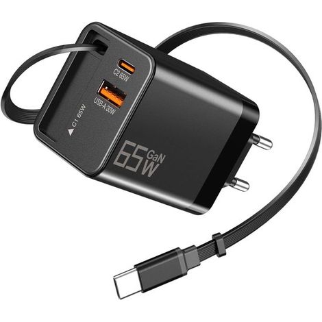 USB-C-Ladegerät mit einziehbarem Ladekabel (65 W),Netzteil (Kabel im Lieferumfang enthalten),3 Anschlüsse,Schnellladefunktion. Ideal für Reisen (1/5)