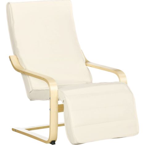 Sillón balancín relax con reposapiés ajustable de 5 posiciones, madera de abedul, blanco crema (1/5)