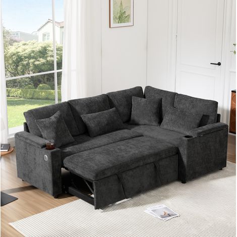 Canapé d’angle convertible 206.5x141x86 cm gris foncé en chenille avec rangement, USB et porte-gobelet (1/5)