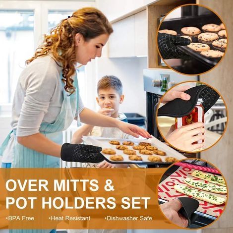 Ofenhandschuhe, 6-teiliges Set, Ofenhandschuhe und Topflappen, hitzebeständige Grillhandschuhe bis 500 °C, rutschfeste Ofenhandschuhe und Topflappen zum Grillen, geeignet zum Backen und Grillen, Schwa (1/4)