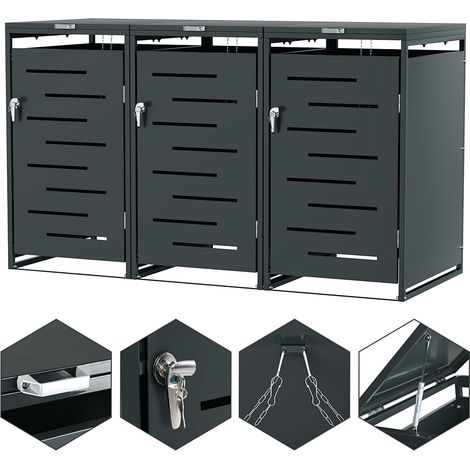 Randaco Mülltonnenbox 3er Set Edelstahl für 120L/240L Mülltonnen, wetterfeste Mülltonnengarage mit Lüftung und Gasdruckdeckel für Außenbereich