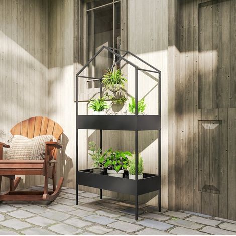 Scaffale per piante a 2 livelli a forma di casa, 150 cm, con ganci, metallo nero HAVRYA (1/5)