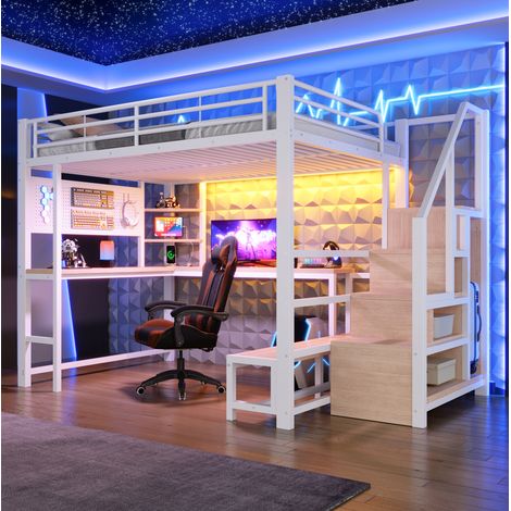 Lit mezzanine 140x200 cm avec bureau, USB/USB-C, LED, panneau perforé, étagères, escalier de rangement, blanc (1/5)