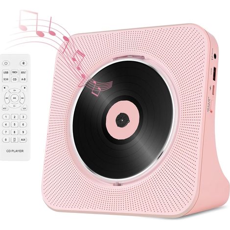 Rosa Bluetooth CD Player with Built-in HiFi Speakers Pink CD Player with Remote Control, LED Display, FM Radio, AUX/USB, Dustproof Box (1/5)