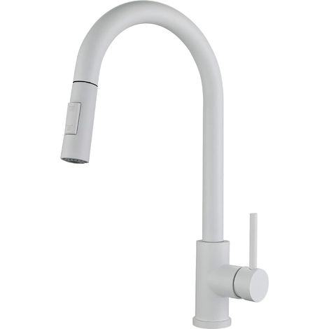 Weiße Küchenarmatur mit ausziehbarer Brause, Zweistrahl-Mischbatterie und hohem Auslauf, 1/2"-Wasserzulaufschlauch, Aufsatzmontage, moderne Armatur für Küche und Bad