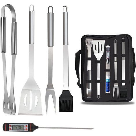 Ensemble de 5 pièces avec thermomètre, ensemble d'ustensiles pour barbecue, sac de transport en acier inoxydable, accessoires pour barbecue, Camping (1/4)
