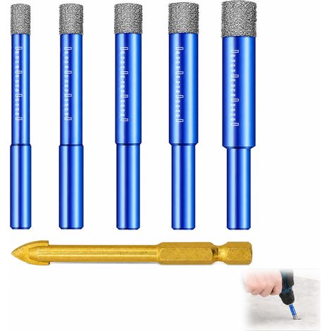 6 Pièces Forets Diamant Carrelage, Mèche Diamant Céramique avec 5, 6, 8, 10, 12 mm avec Foret de Pré-Perçage, Mèches pour Verre Granit Marbre Quartz Céramique, pour un Perçage Précis et Durable (1/5)