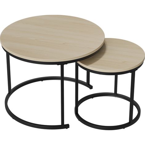 Ensemble de 2 tables gigognes rondes en panneaux de particules et métal, 60 cm et 40 cm, design moderne noir et bois (1/5)