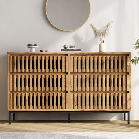 Buffet bas 6 tiroirs 120x40x81 cm, commode à façades ajourées à lattes, 5 pieds noirs, MDF et panneaux de particules - Couleur Bois (1/5)