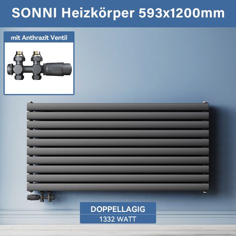 SONNI Horizontalheizkörper Mit Thermostatventil Anthrazit 1200x600mm Doppelheizung, Seitlicher Anschluss (1/5)